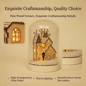 Luminous Christmas wood house with LED light and artificial snow in glass dome