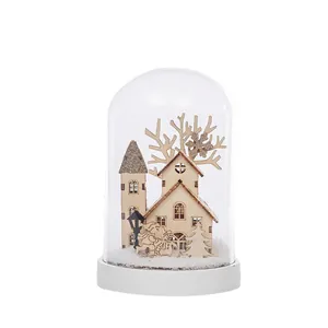 Luminous Christmas wooden house glass dome with LED lights and Santa scene decor