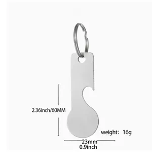 Multifunctional stainless steel keychain trolley token and opener shown in 60mm size