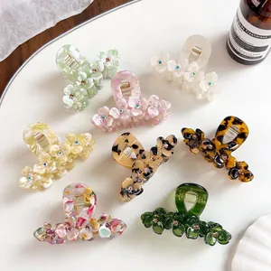 Women Elegant Acetate Flower Hair Claw Clip With Rhinestone Embellishment Sweet Floral Marble Tortoiseshell Pattern Large Shark Clip Hair Accessories