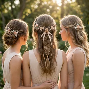 Three bridal hairstyles featuring floral pearl headpieces and champagne fabric flower hairpins