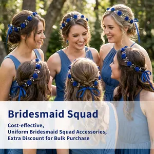 Blue rose bridesmaid headbands with white pearls on five girls for outdoor wedding