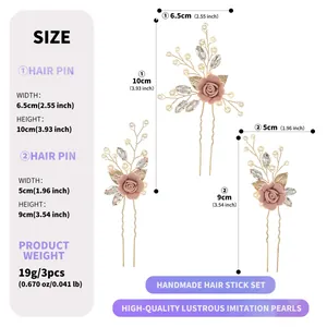Detailed size chart for handmade floral hair pin set with pearls and rhinestones