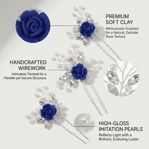 Detailed handcrafted silver wirework with dark blue clay roses and pearls bridal set