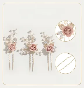 Detail of 3pcs bridal hair pins with handmade clay roses, pearls and gold wire