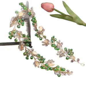 Green crystal and gold leaf bridal hair vine wedding headpiece accessory