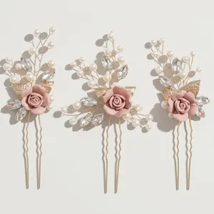 3-piece bridal hair pin set with handmade pink resin roses and pearls for wedding hairstyles