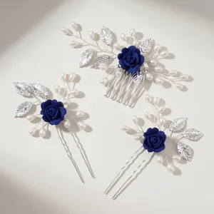 Set pettine e forcine con rose di argilla blu scuro perle e foglie in stile retrò francese