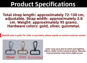 Adjustable bag strap specifications showing 3.8cm width and length from 72 to 130cm