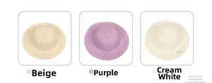 Détails des chapeaux de paille DIY faits main en beige, violet et blanc cassé