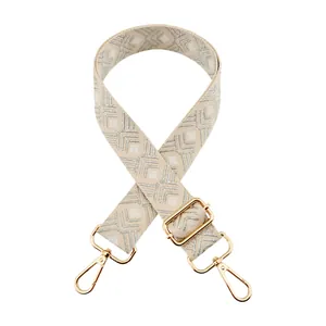 Bandoulière réglable beige et grise brodée avec des crochets en métal doré
