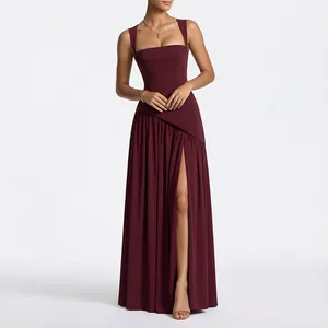 Detail of square neck burgundy maxi dress with asymmetrical waist and high side slit