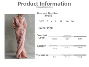 Dettaglio dell'abito lungo rosa con scollo a V, tabella taglie S-3XL e vestibilità slim