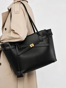 Urban Minimalist PU Tote Bag Large Capacity Waterproof Shoulder Handbag With Gold Buckle Decor For Women Office Commuter