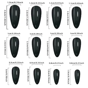 Size guide for almond press-on nails with shiny black finish and 12 distinct dimensions