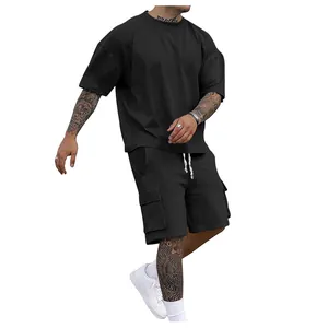 Men's summer black oversized sports set with short sleeve t-shirt and cargo shorts