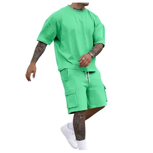 Men's summer casual loose fit mint green short sleeve T-shirt and cargo shorts set