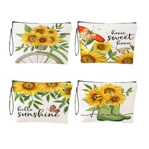 Set of four 3D sunflower print cosmetic bags with zippers and black lanyards