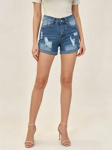 Short en jean taille haute pour femme bleu moyen avec trous usés et ourlets retroussés