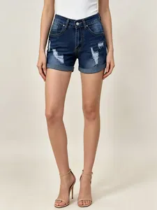 Women's high waist denim shorts in dark blue with distressed details and rolled hems