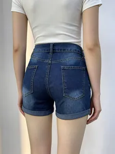 Women high waisted dark blue denim shorts with folded cuffs and back pockets
