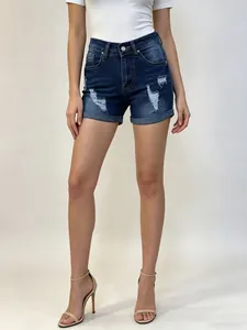 Women's high waist denim shorts with distressed ripped detail and rolled hem