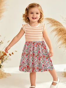 Vestito Estivo da Bambina a Righe Floreale in Maglia di Cotone Senza Maniche con Volant Gonna Principessa Casual