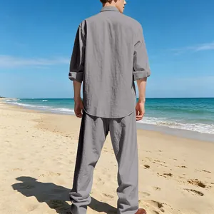 Completo da spiaggia in lino da uomo con camicia grigia e pantaloni coordinati
