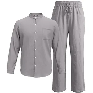Completo da uomo in lino 2 pezzi con camicia a collo alto e pantaloni con coulisse