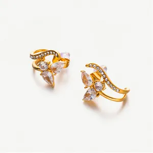 Chic gold-plated C-shaped stainless steel earrings with pear-shaped zircon stones
