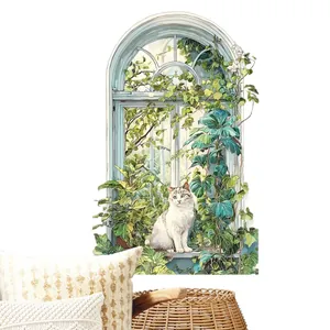 3D window view wall sticker with cat and green plants for living room home decor