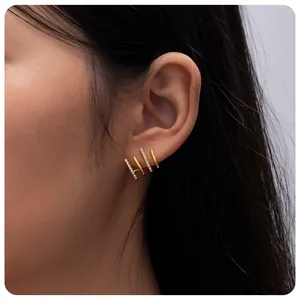 Minimalist gold-plated C-shaped stainless steel earrings with sparkling zircon layers