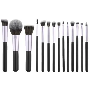 14-piece professional makeup brush set with black handles and purple ferrules
