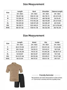 Detailed size chart for men waffle polo shirt and shorts set with dimensions in cm and inches