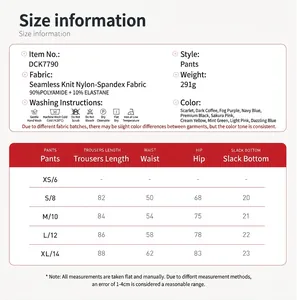Detailed size chart for seamless yoga pants with waist, hip and length specifications