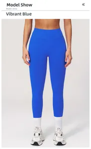 Detail of high-waisted seamless yoga pants in dazzling blue with a tummy control design