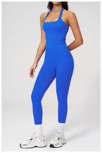 Detail view of Klein blue yoga set with halter sports bra and high-waist leggings