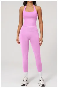 Full view of purple peach-butt seamless yoga set with v-waist leggings and halter top