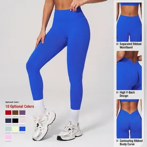 Royal blue high-waisted seamless yoga leggings with V-shaped back and contouring rib