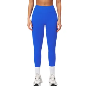 Women's high waist royal blue seamless yoga pants with V-shape waist for gym workout