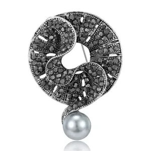 Vintage Legierung Strass Spirale Brosche Mit Grauer Künstliche Perlenimitat Elegant Antik-Silber Brosche Pin Für Damen Party Schmuck Geschenk