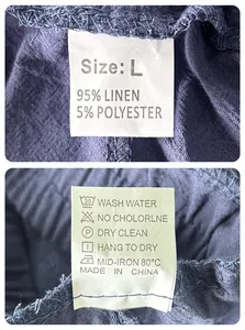 Detailed fabric label showing 95% linen composition and size L on blue shorts
