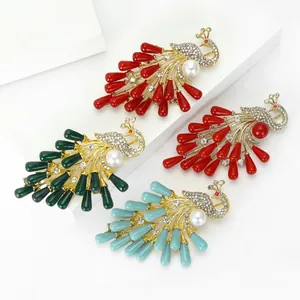 Vintage Alloy Phoenix Brooch For Women Luxurious Rhinestone Inlaid Imitation Artificial Pearl Peacock Pin Red Enamel Jewelry Gift
