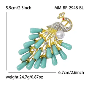Elegant peacock brooch with turquoise stones and pearl, dimensions and weight details