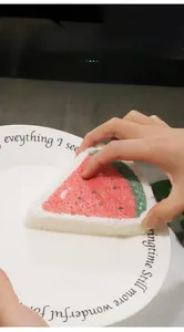 Hand using watermelon shaped wood pulp sponge to clean a white porcelain dish