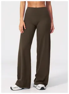 Macro detail of high waist wide leg yoga pants in olive green with brushed texture