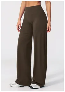 Detailed texture of high-waist dark brown wide-leg yoga pants for women