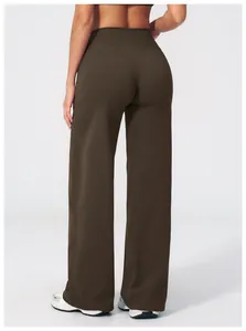 Rear view of high-waisted wide-leg sports pants in dark coffee with draped fabric