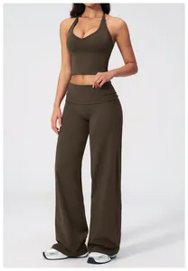 Detail of high waist wide leg yoga pants with brushed texture for women sport