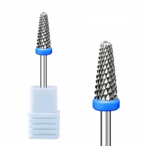 Tapered tungsten carbide nail drill bit with blue ring and white storage base